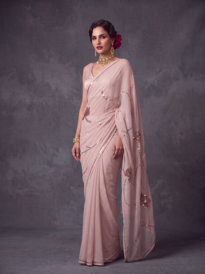 Lovelace - Blush Pink Rose Gold Sequin Pure Chiffon Saree