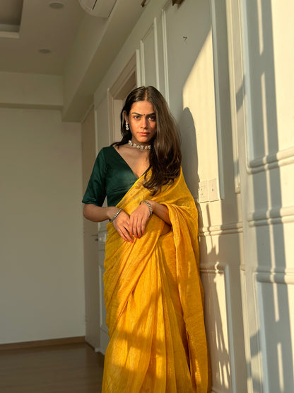 Mustard Handloom Linen Tissue Saree