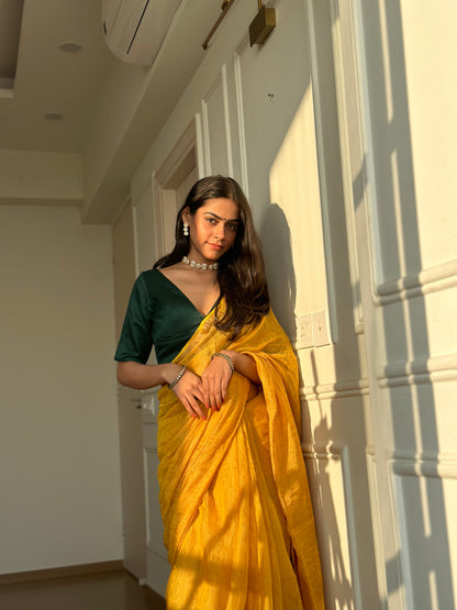 Mustard Handloom Linen Tissue Saree