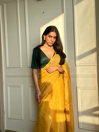 Mustard Handloom Linen Tissue Saree