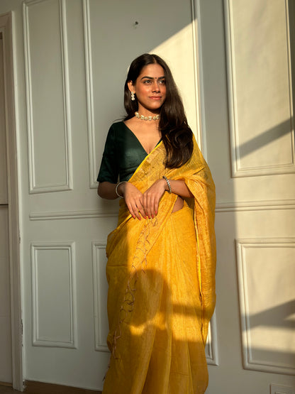Mustard Handloom Linen Tissue Saree
