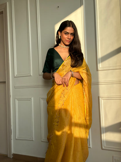 Mustard Handloom Linen Tissue Saree