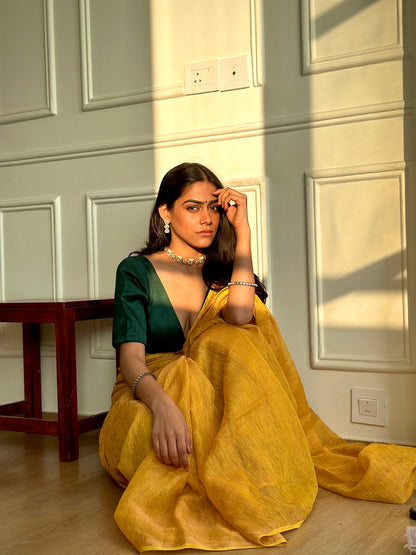 Mustard Handloom Linen Tissue Saree