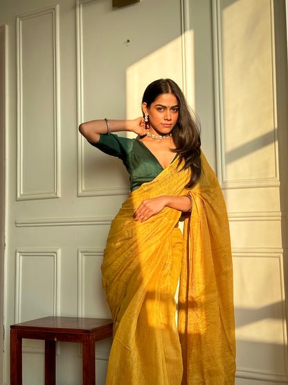 Mustard Handloom Linen Tissue Saree
