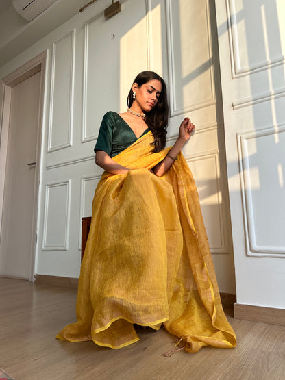 Mustard Handloom Linen Tissue Saree