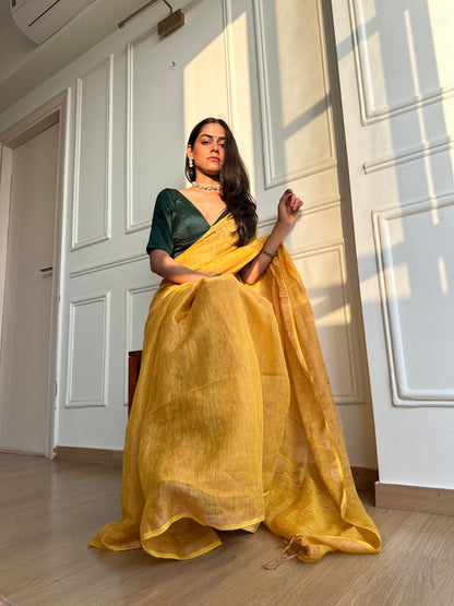 Mustard Handloom Linen Tissue Saree
