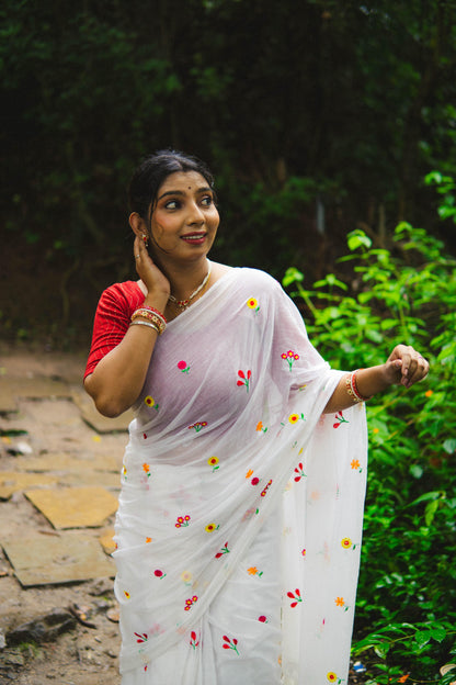 Gardenalia White Mul Saree