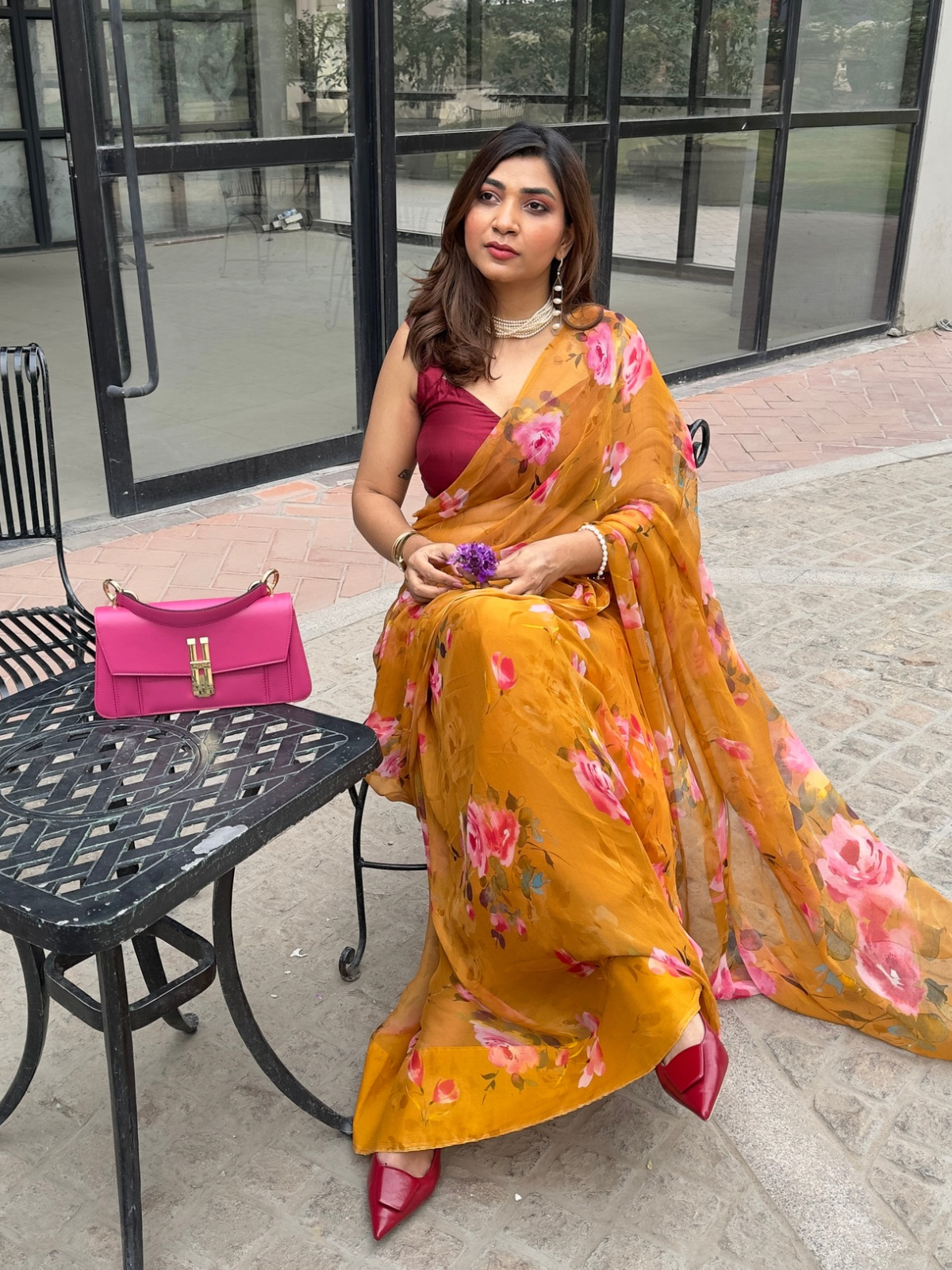 Sunlit Rose - Mustard Floral Print Pure Chiffon Saree