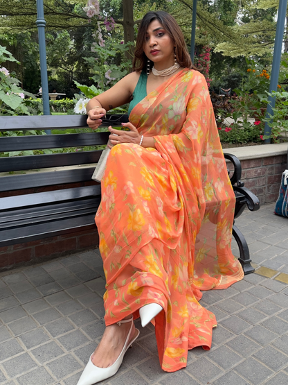 Elara - Orange Floral Print Pure Chiffon Saree