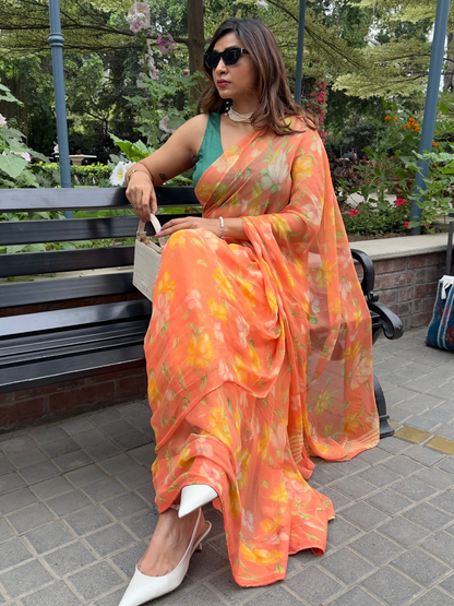Elara - Orange Floral Print Pure Chiffon Saree