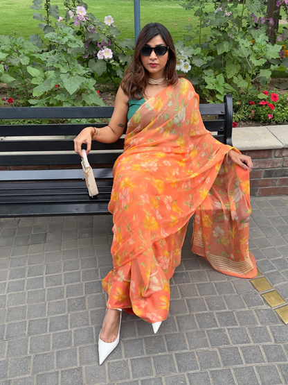 Elara - Orange Floral Print Pure Chiffon Saree