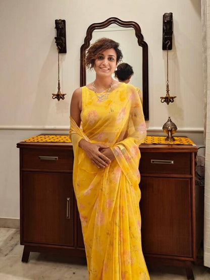 Liora - Yellow Floral Print Pure Chiffon Saree