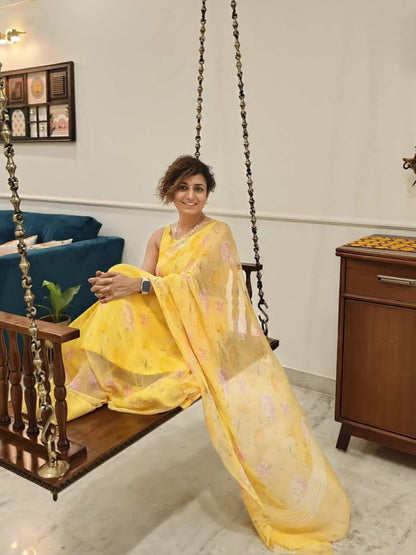 Liora - Yellow Floral Print Pure Chiffon Saree