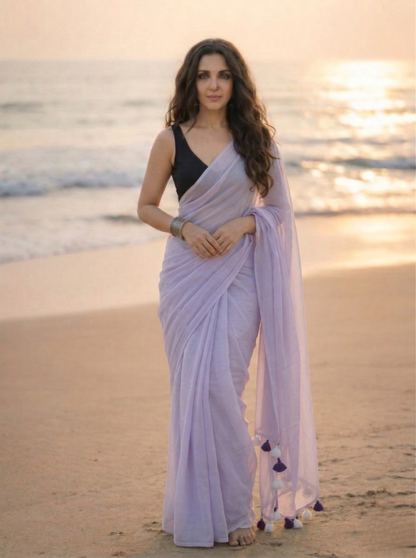 Lilac Blush - Plain Purple Mul Saree