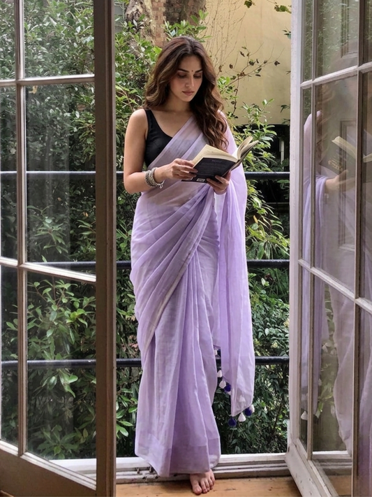 Lilac Blush - Plain Purple Mul Saree