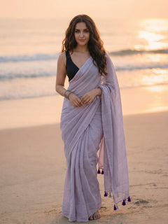 Lilac Blush - Plain Purple Mul Saree