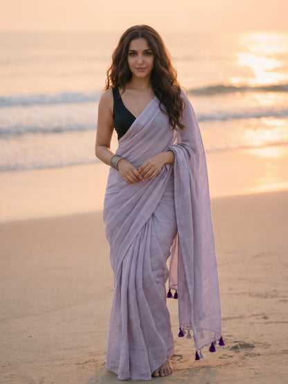 Lilac Blush - Plain Purple Mul Saree