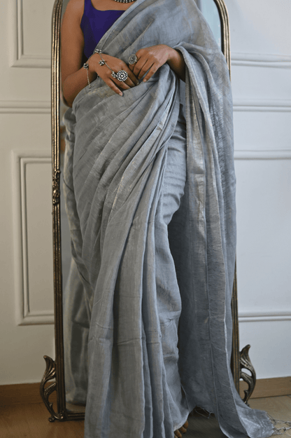 Silver Handloom Linen Tissue Saree