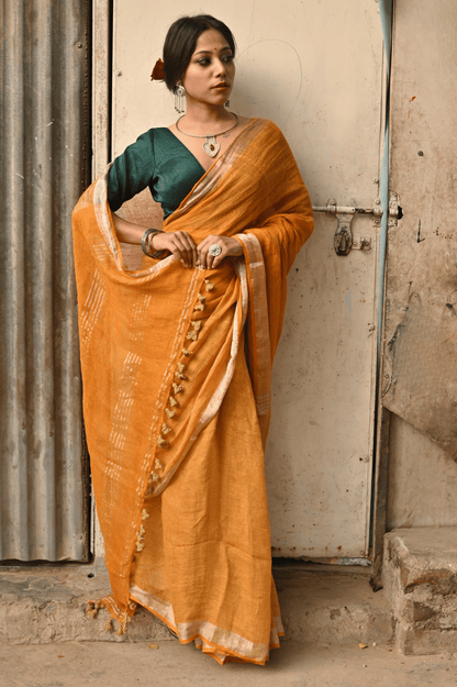 Golden Hour - Mustard Yellow Pure Handloom Linen Saree with Zari Border