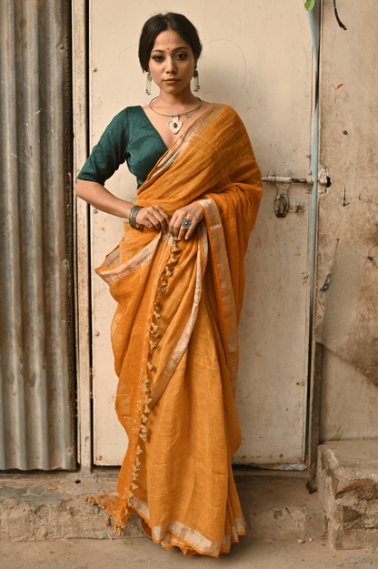 Mustard Handloom Linen Saree