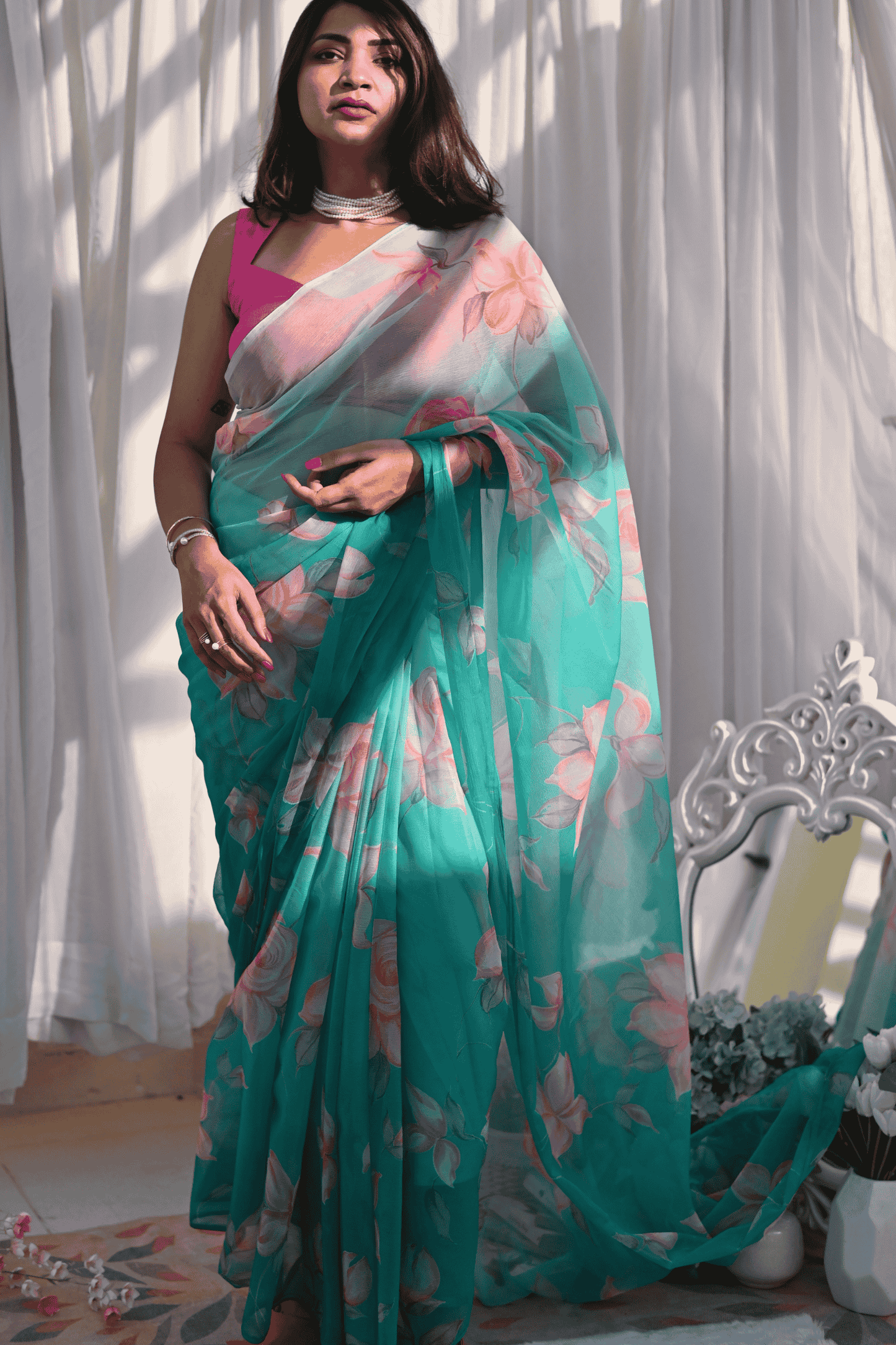 Ocean Rose Chiffon Saree