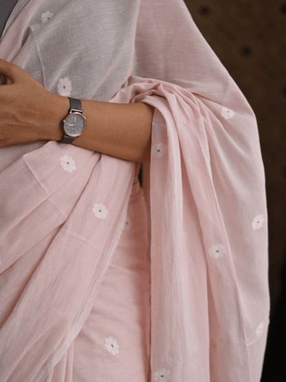 Feather Pink Muslin Handloom Jamdani Saree