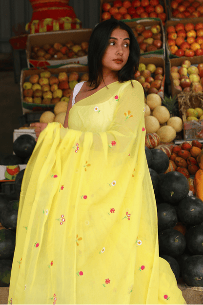 Gardenalia Yellow Mul Saree
