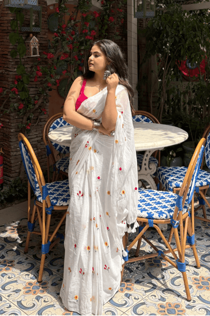 Gardenalia White Mul Saree