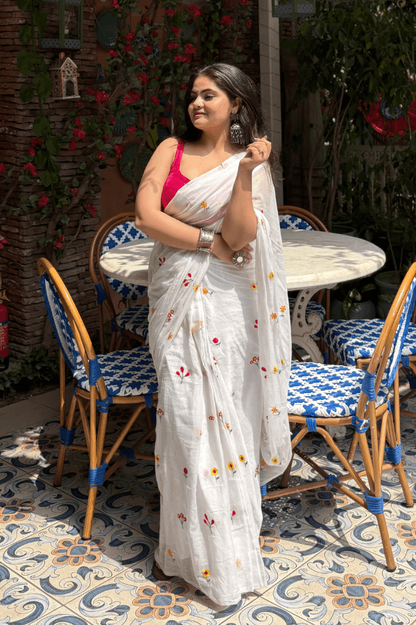 Gardenalia White Mul Saree
