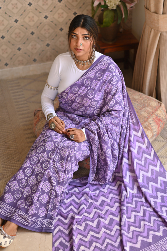 Dusty Purple Dabu Mulmul Saree