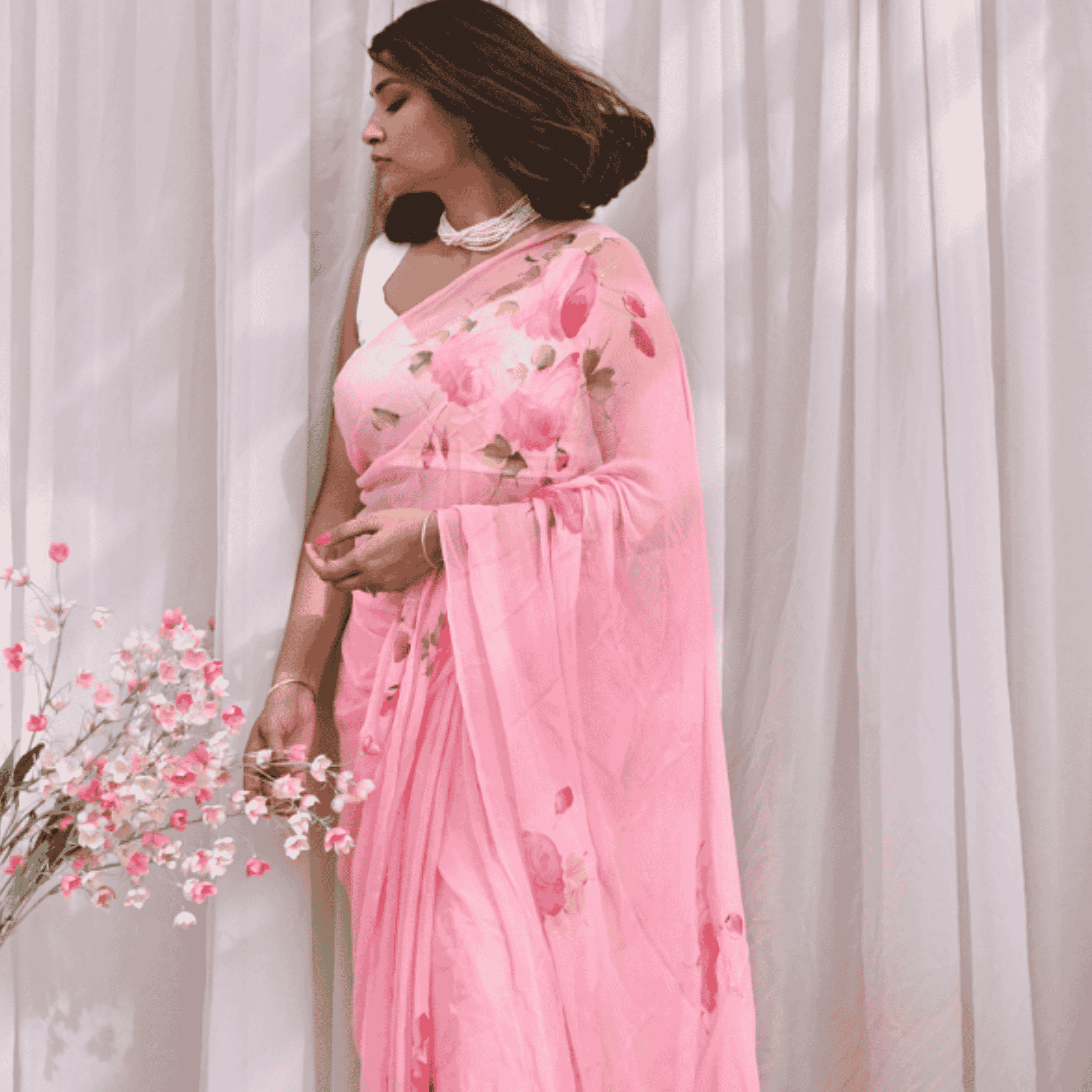 Damask Rose Pure Chiffon Saree Thumbnail