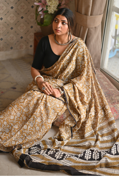 Organic Yellow Bagru Mulmul Saree