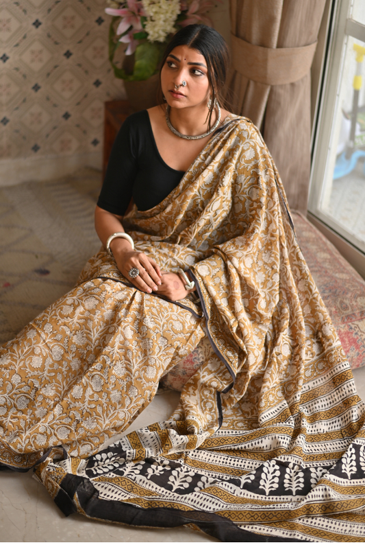 Organic Yellow Bagru Mulmul Saree