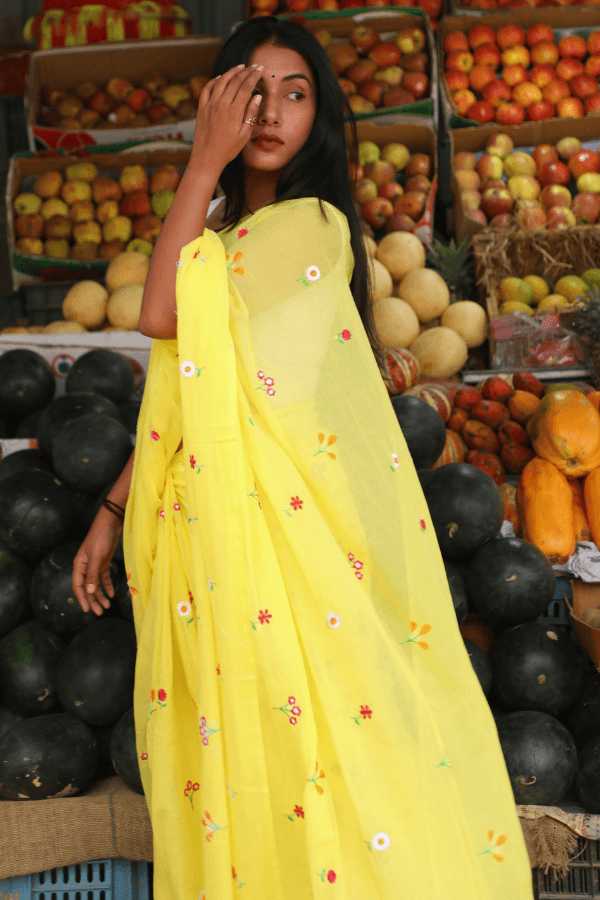 Gardenalia Yellow Mul Saree