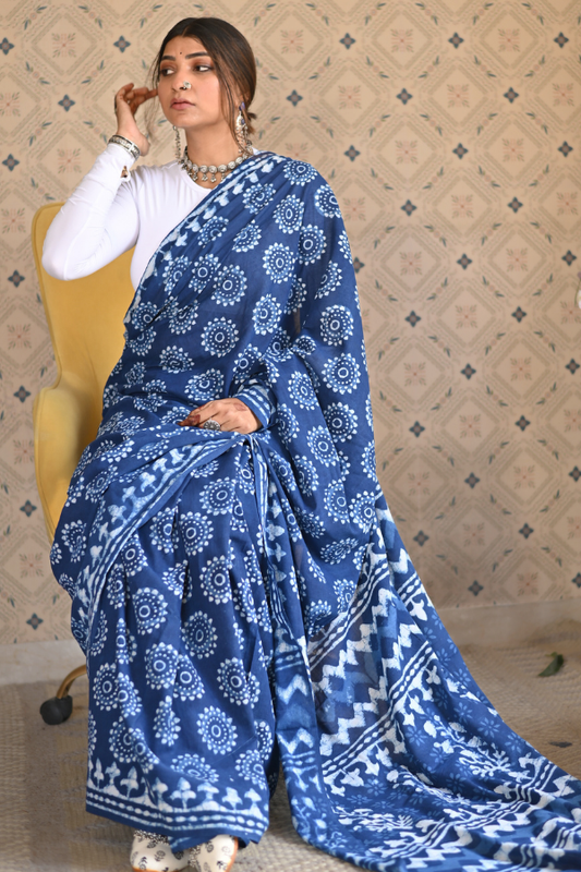 Indigo Dabu Mulmul Saree