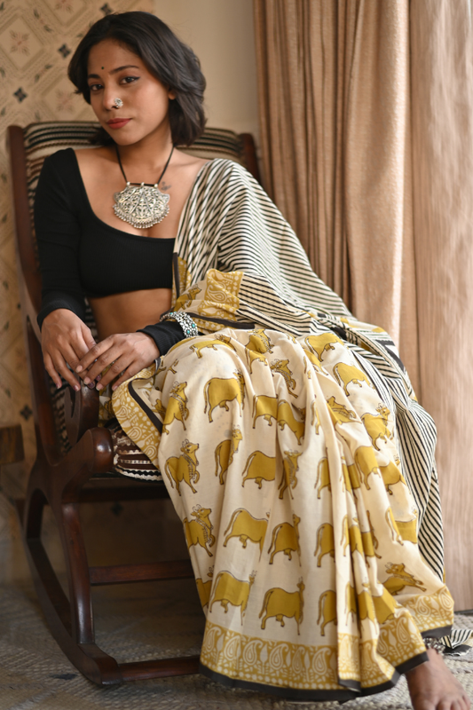 Pichwai Yellow Ajrakh Mulmul Saree