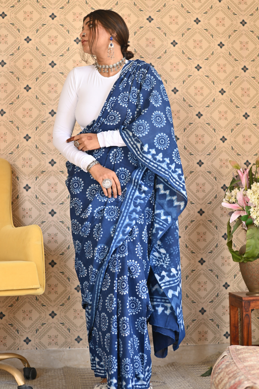 Indigo Dabu Mulmul Saree