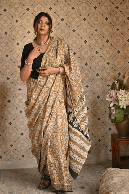 Organic Yellow Bagru Mulmul Saree