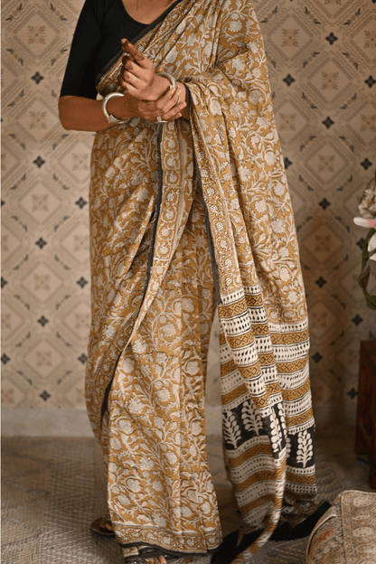 Organic Yellow Bagru Mulmul Saree