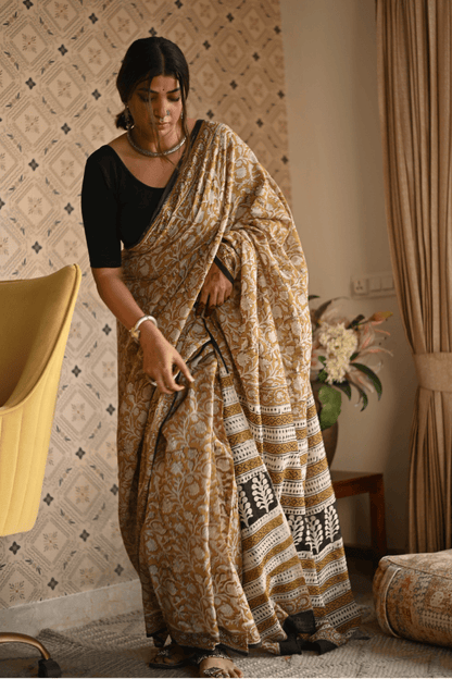Organic Yellow Bagru Mulmul Saree