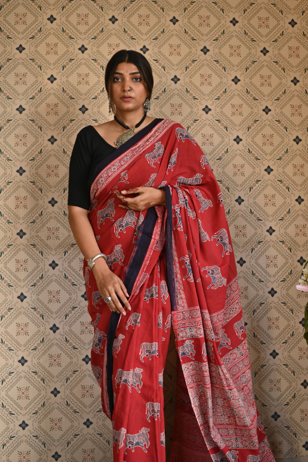 Pichwai Red Ajrakh Saree