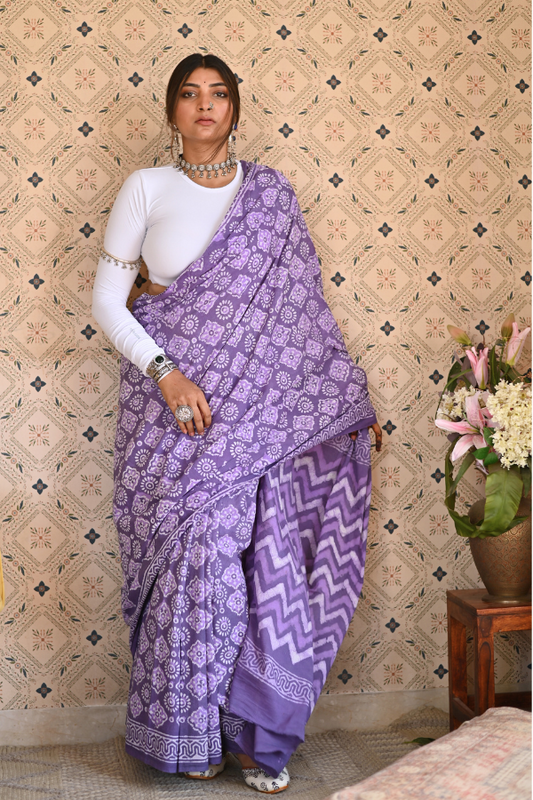 Dusty Purple Dabu Mulmul Saree