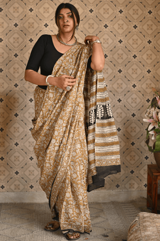 Organic Yellow Bagru Mulmul Saree