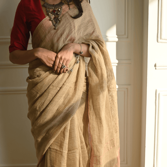 Beige Handloom Linen Saree