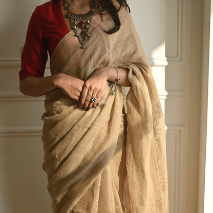 Beige Handloom Linen Saree