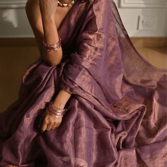 Aubergine Handloom Linen Tissue Saree