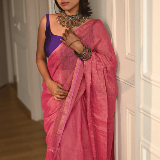Blush Pink Handloom Linen Tissue Saree