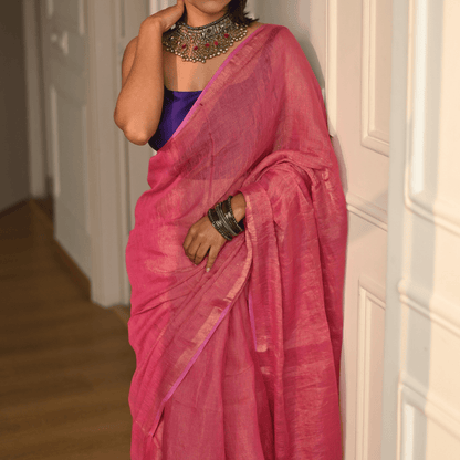 Blush Pink Handloom Linen Tissue Saree