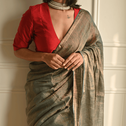 Olive Handloom Linen Tissue Saree