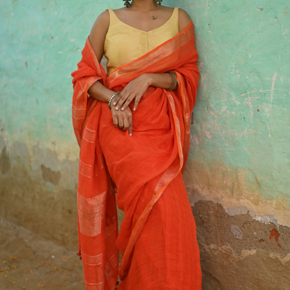 Orange Handloom Linen Saree